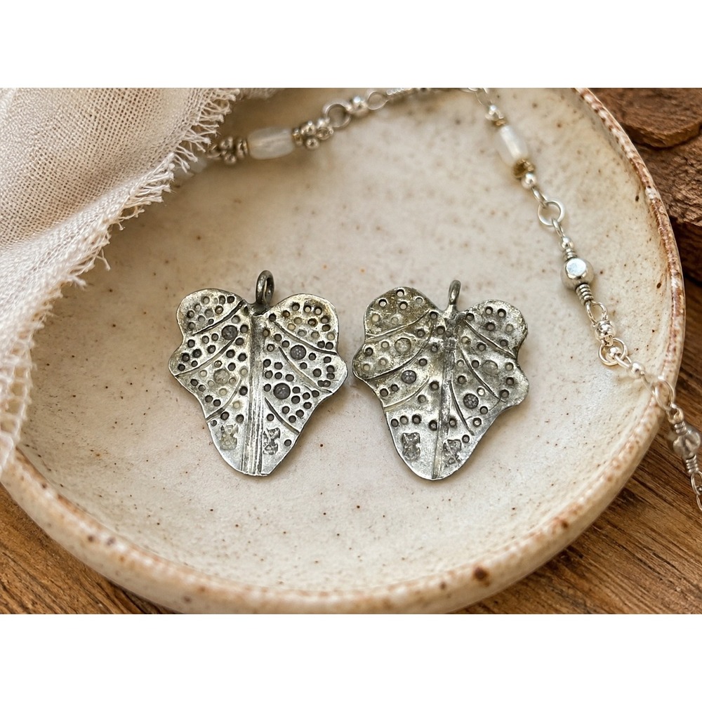 Vintage Silver Tone Leaf Charms Pair Boho Tribal Textured Jewelry Pendants